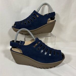 Skechers Women's Parallel-Trapezoid Navy Suede Wedge Sandal Size 6